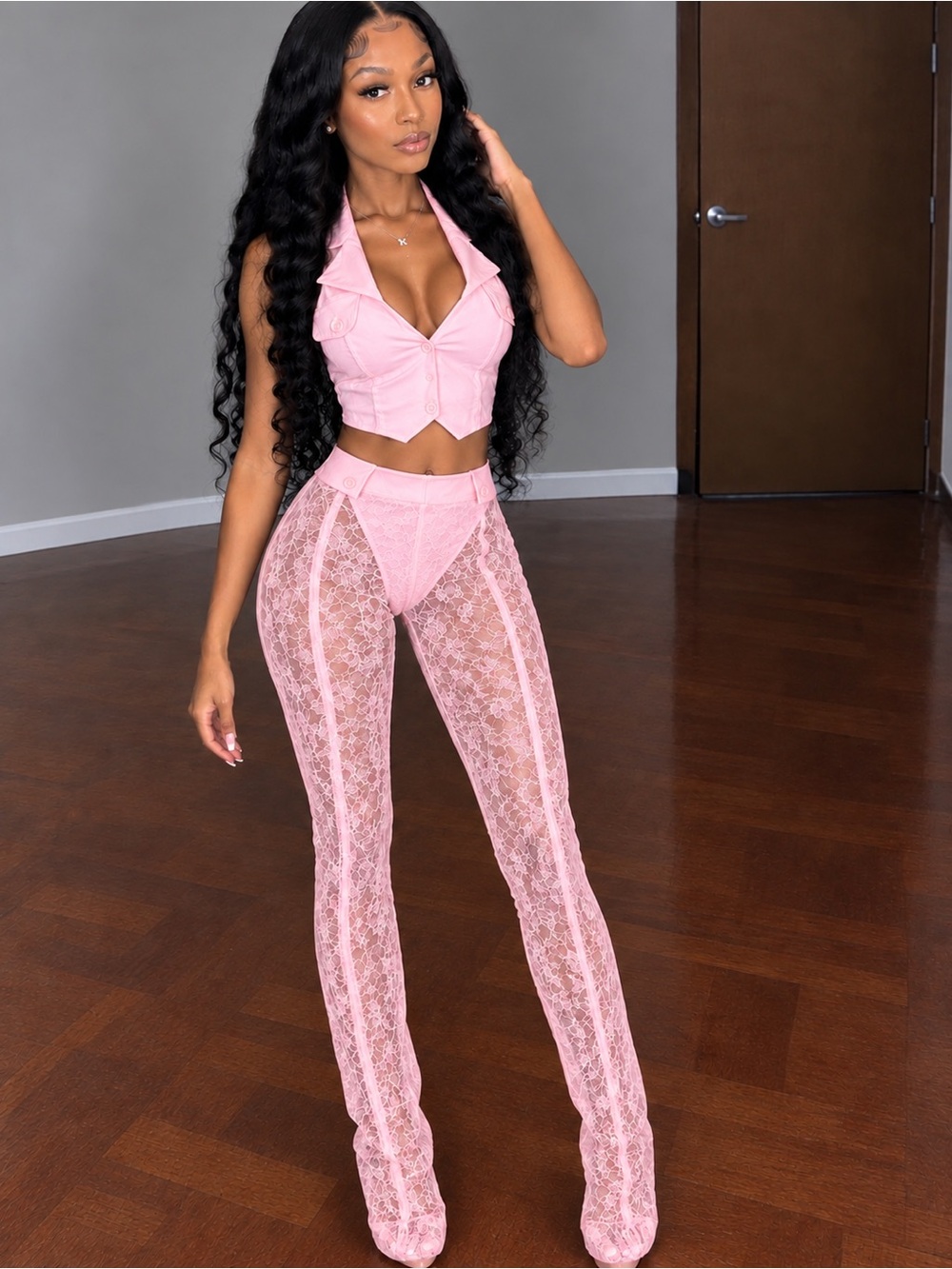 Sheer Lace High-Waist Pink Pants